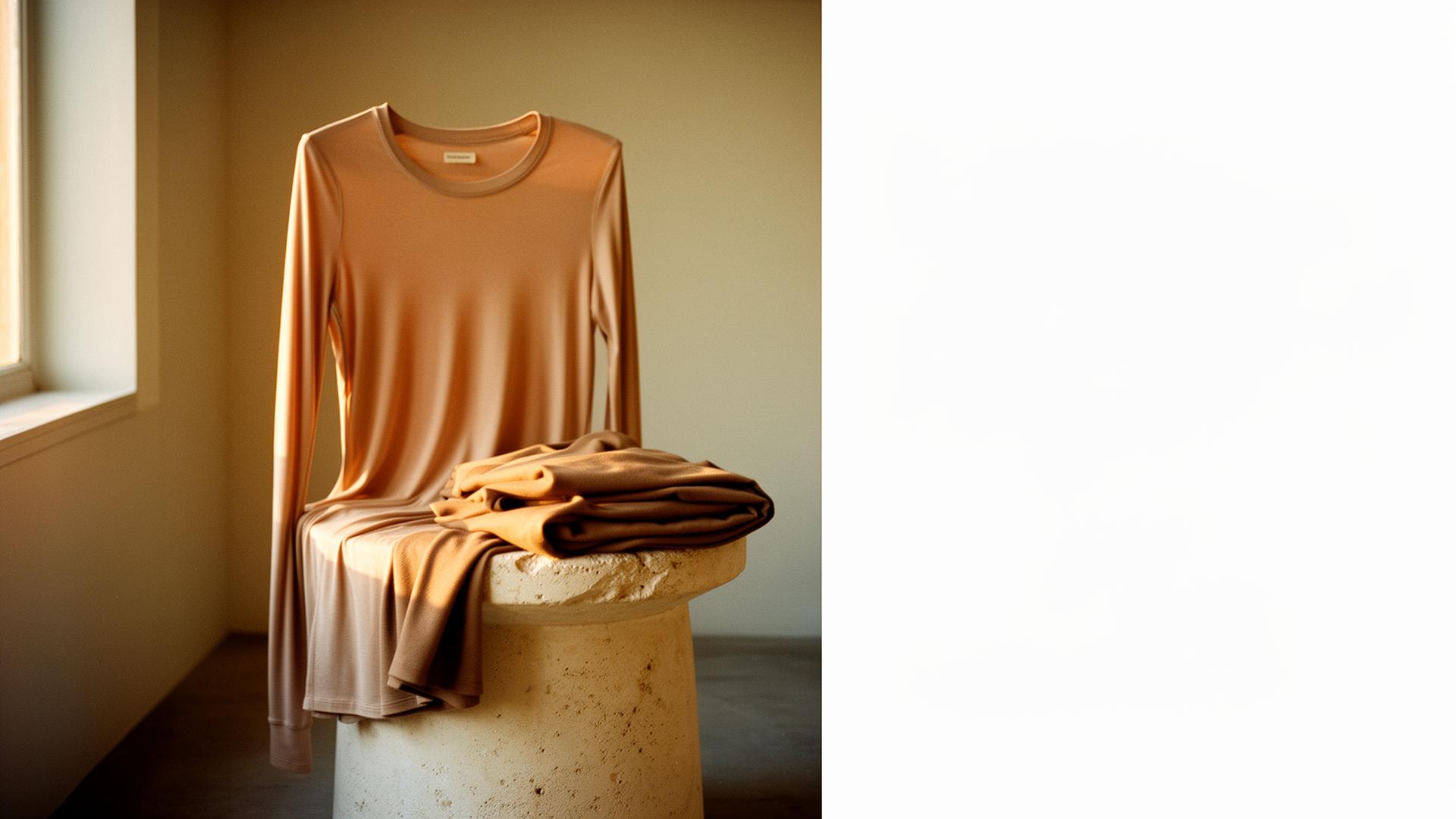 A seamless top draped over a stone form in warm natural light